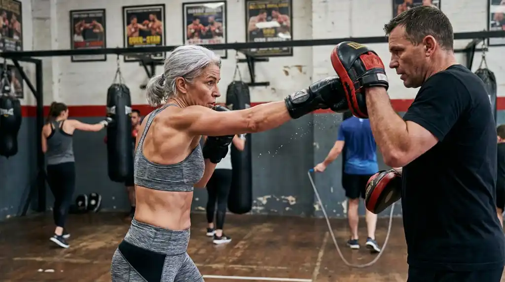 Boxing coach holding focus pads for an older student during a one-to-one training session