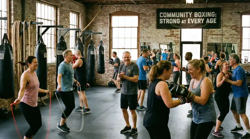 Group of adults over 40 training together at a community boxing gym, shadow boxing and conditioning