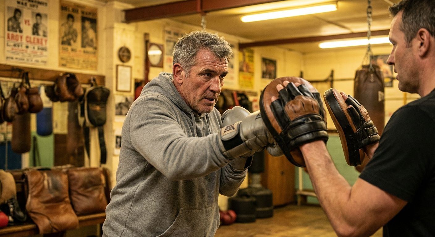 Mature boxer training on a heavy bag at a community boxing gym in south east London
