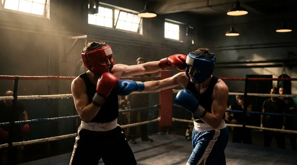 Boxing sparring session in a gym with two fighters exchanging punches wearing headguards