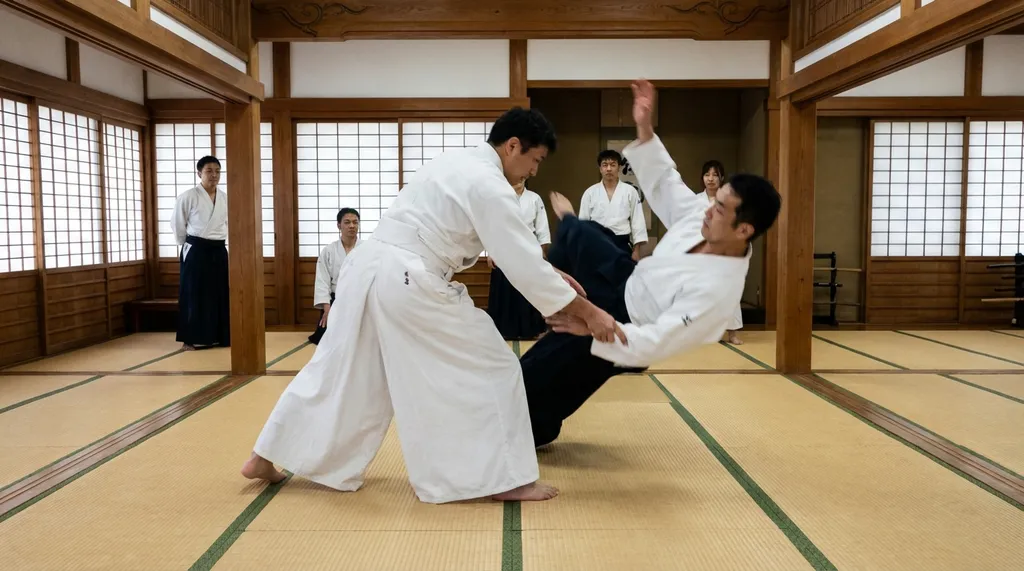 Aikido practitioner in white gi performing a kotegaeshi wrist throw on a training partner on tatami mats