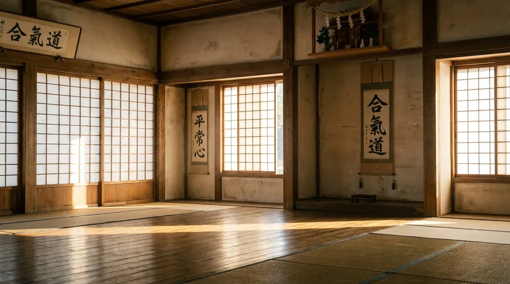 Interior of a traditional aikido dojo with wooden floor and calligraphy scrolls on the wall