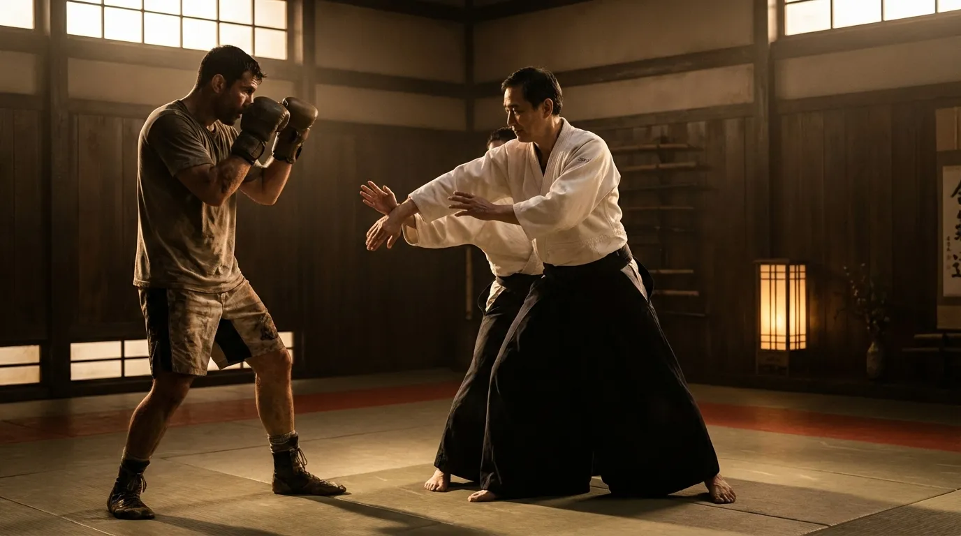 Boxer in fighting stance beside an aikido practitioner in a flowing white gi performing a wrist technique
