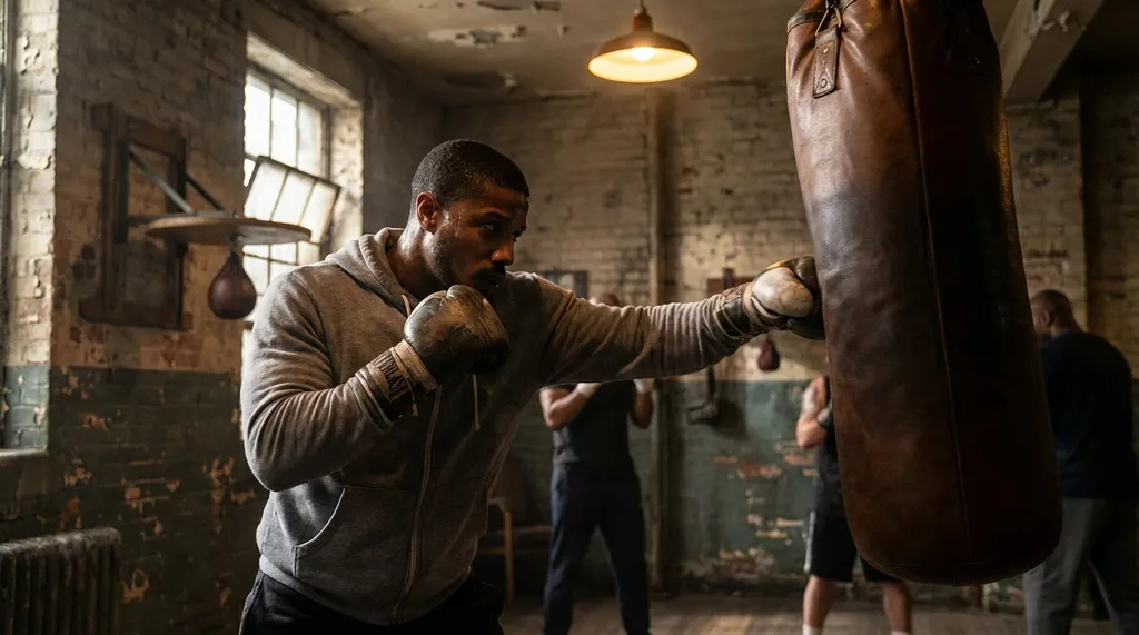 Boxer training on a heavy bag in a community gym, side angle showing full body rotation through a hook punch