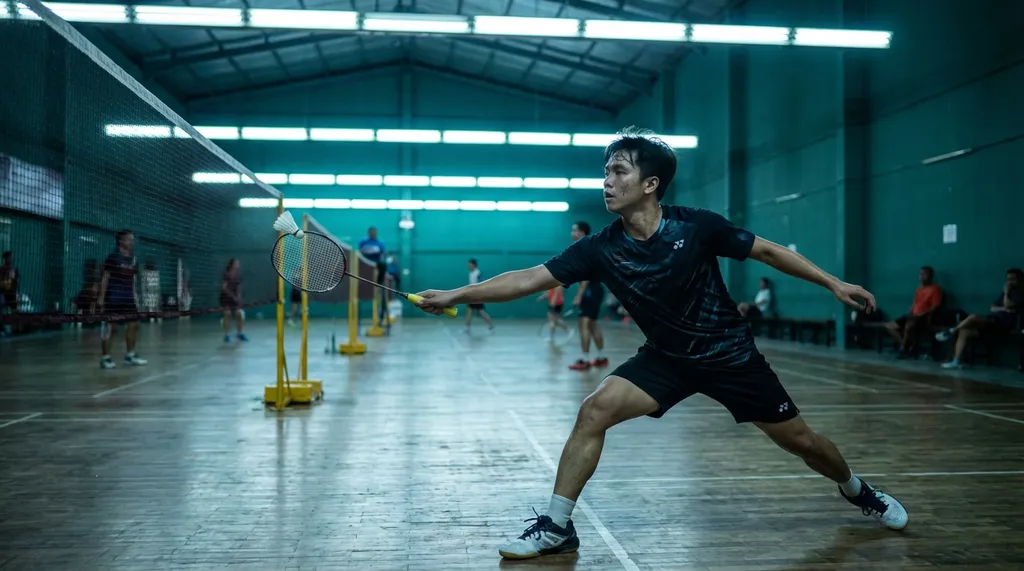 Badminton singles player lunging to return a shuttlecock in an indoor sports hall under bright lights