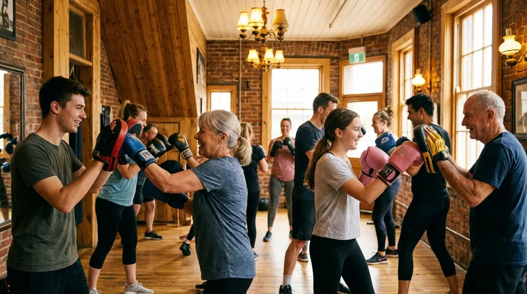 Group boxing fitness class with mixed ages and genders training together, community gym atmosphere with warm lighting
