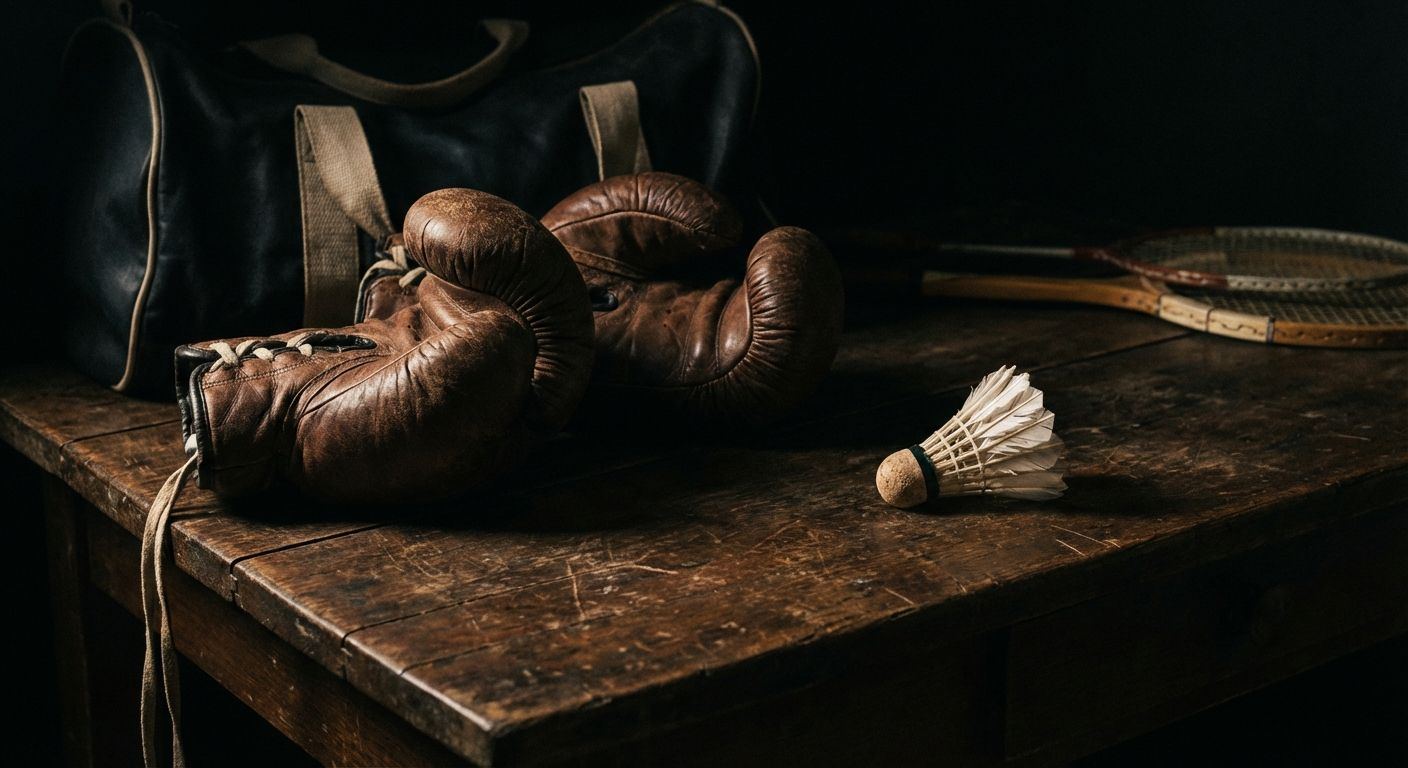 Boxer training on a heavy bag next to a badminton player mid-rally in a sports hall
