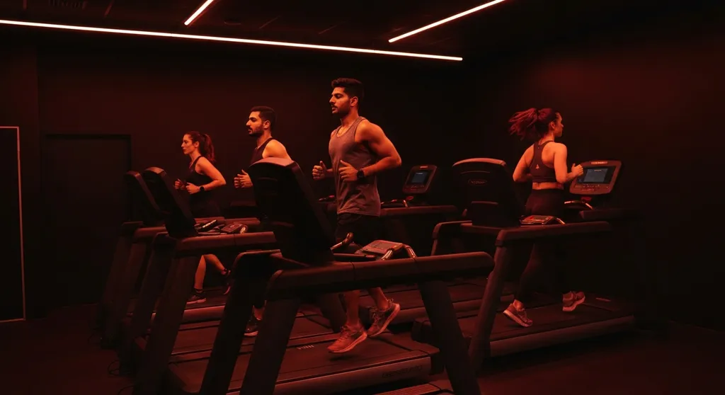 People running on treadmills in a dark boutique fitness studio with dramatic red lighting