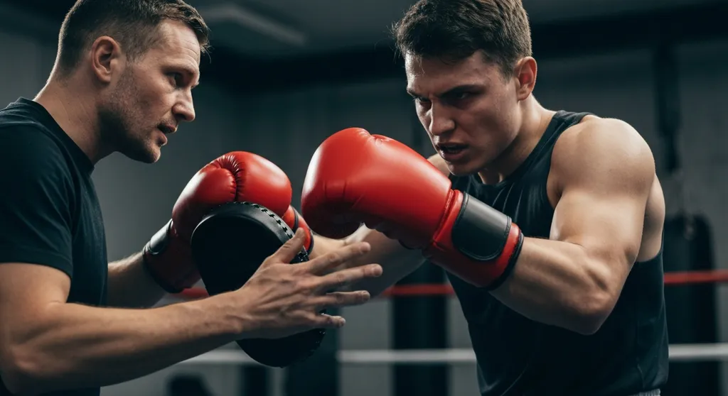 Boxer doing pad work with a coach showing gloves hitting pads with intensity