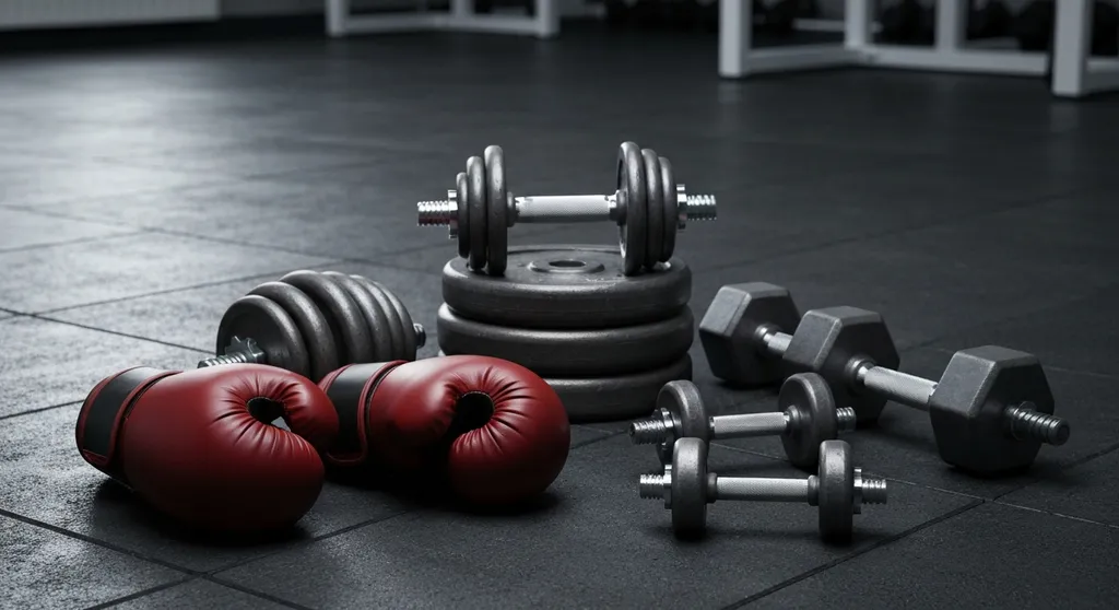 Dumbbells and weights on a gym floor next to boxing gloves comparing training equipment
