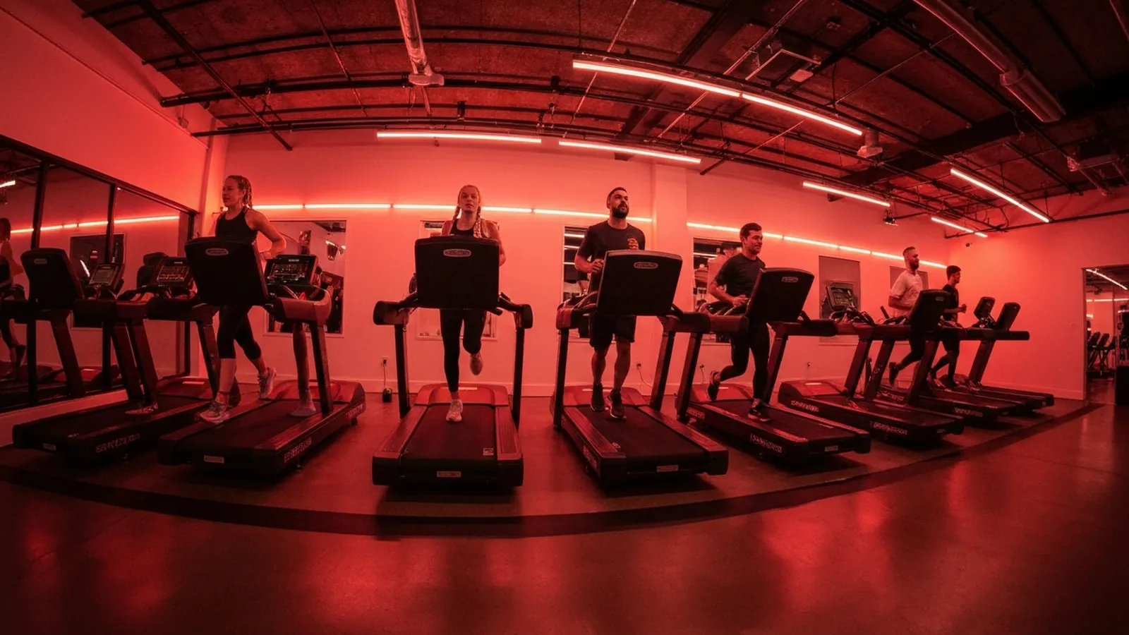 High-energy boutique fitness studio with treadmills under dramatic red lighting