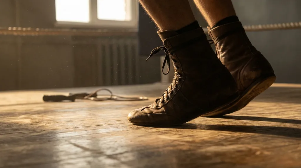 Close-up of a boxer's feet performing precise lateral footwork drills on a gym floor