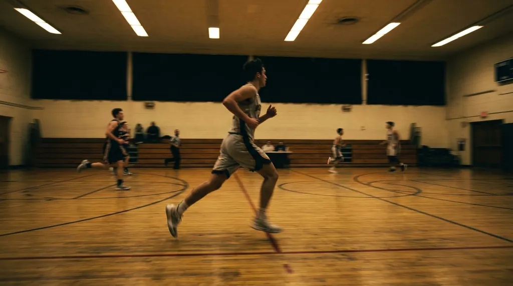 Basketball player sprinting down a court during an intense pickup game under indoor lights