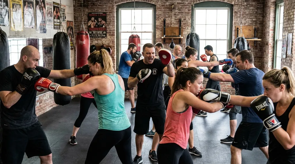 Group boxing class working on punch combinations at a community boxing gym