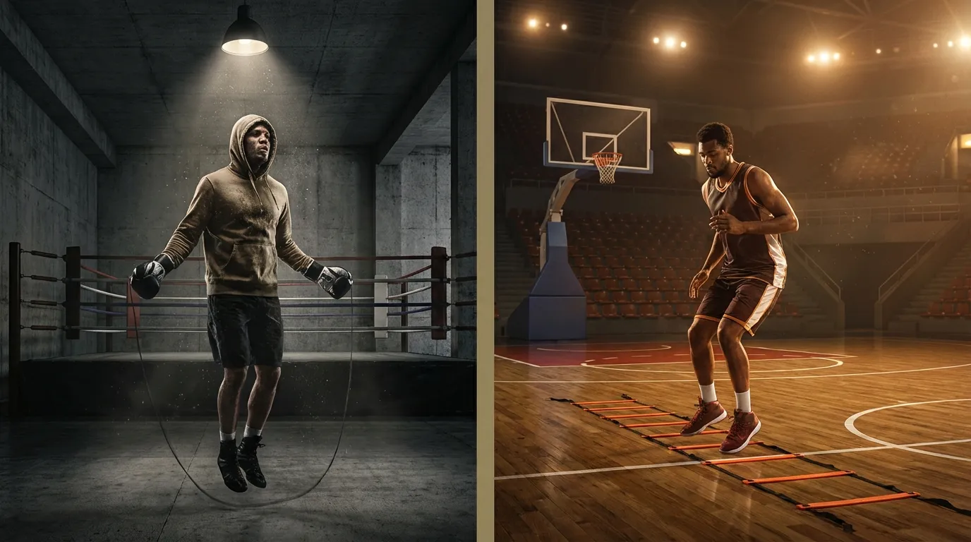 Split image of a boxer skipping rope and a basketball player doing agility ladder drills, showing footwork parallels