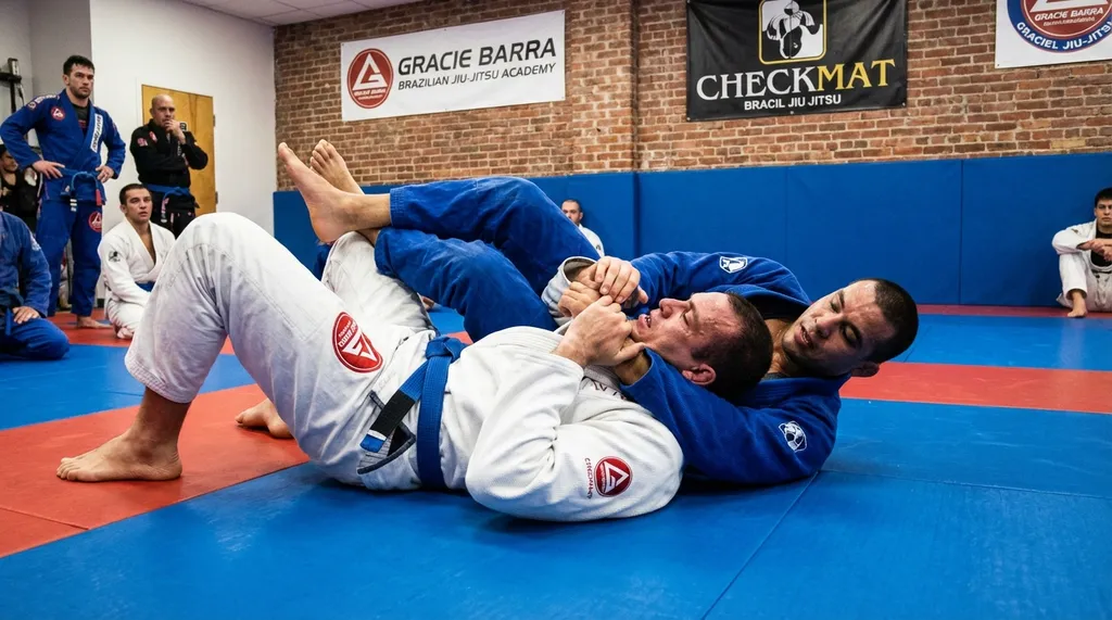 Two grapplers rolling on mats during a Brazilian jiu-jitsu training session, one attempting a triangle choke