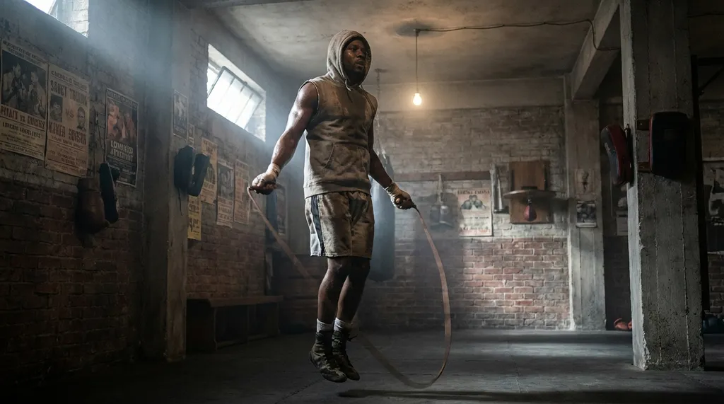 Boxer skipping rope during training in a dark boxing gym