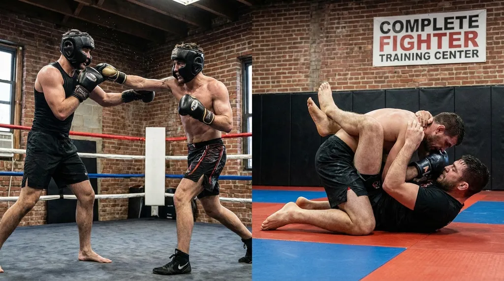 Fighter training both striking and grappling, showing the combination of boxing and ground techniques