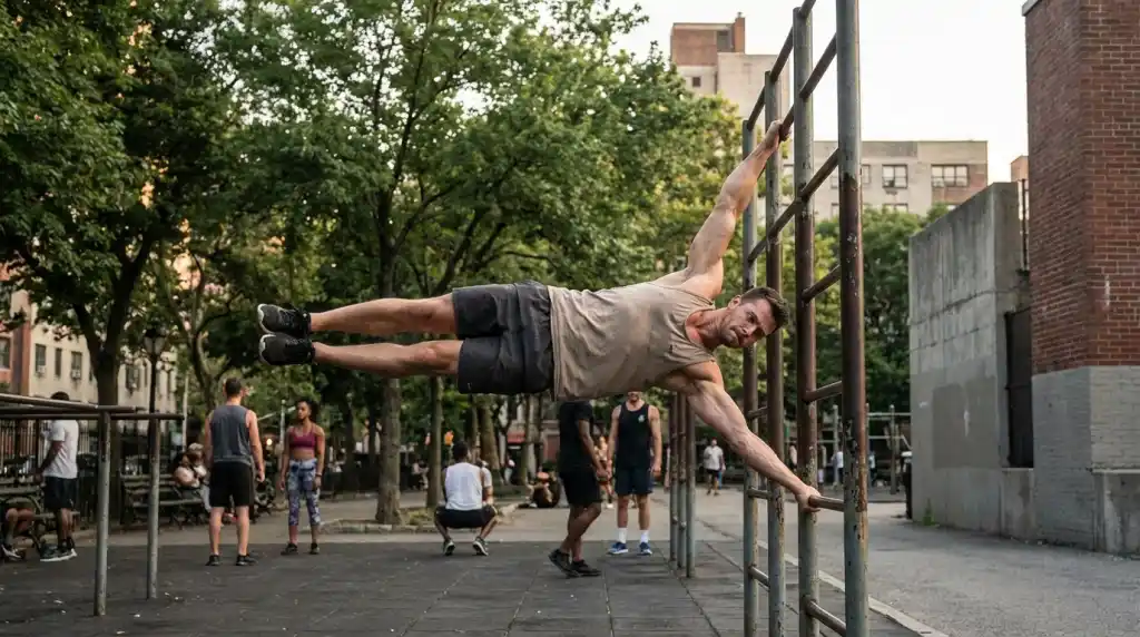 Athlete performing advanced calisthenics moves on outdoor bars in a park, natural light