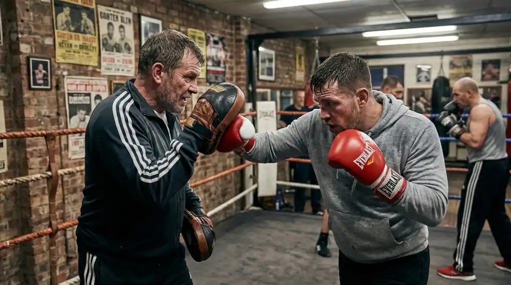 Boxer doing intensive pad work with a coach, intense action, sweat visible