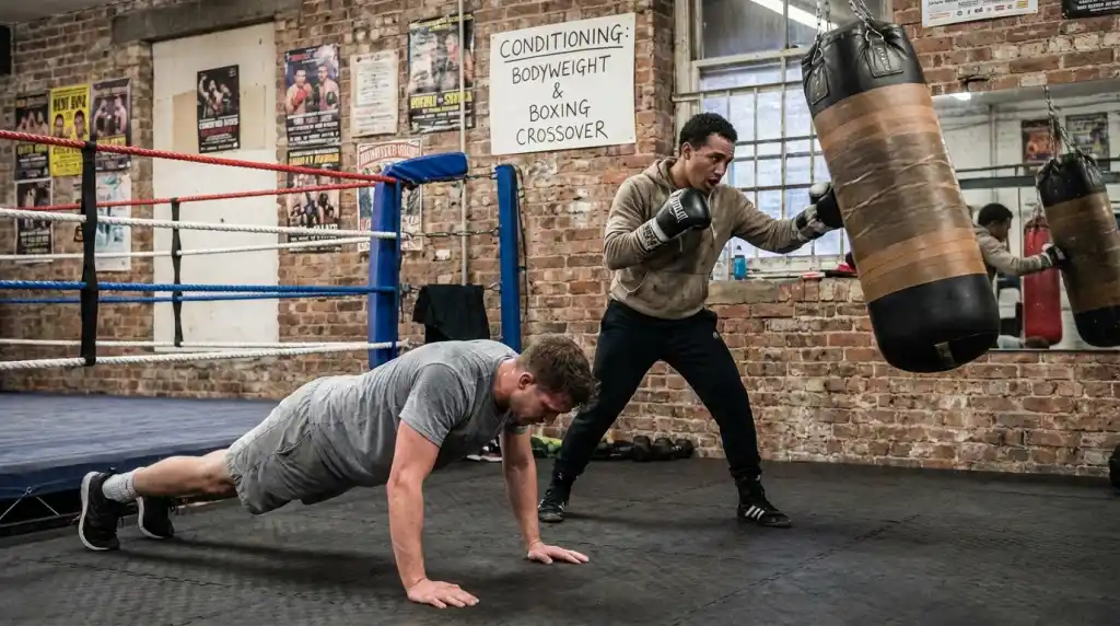 Person doing press-ups alongside someone hitting a heavy bag, showing the conditioning crossover