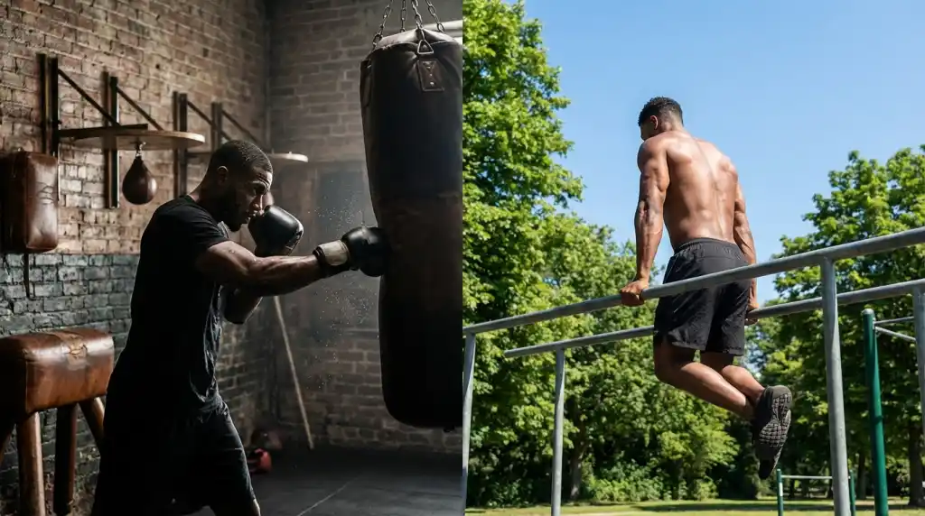 Boxer training on the heavy bag contrasted with calisthenics athlete on outdoor bars