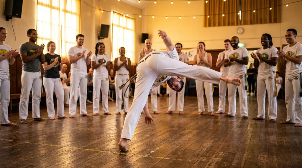 Capoeira practitioner performing an acrobatic au (cartwheel) during a roda circle session