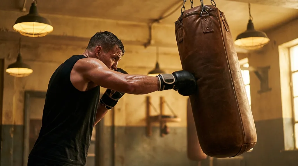 Boxer working the heavy bag with focused intensity, sweat visible under gym lighting