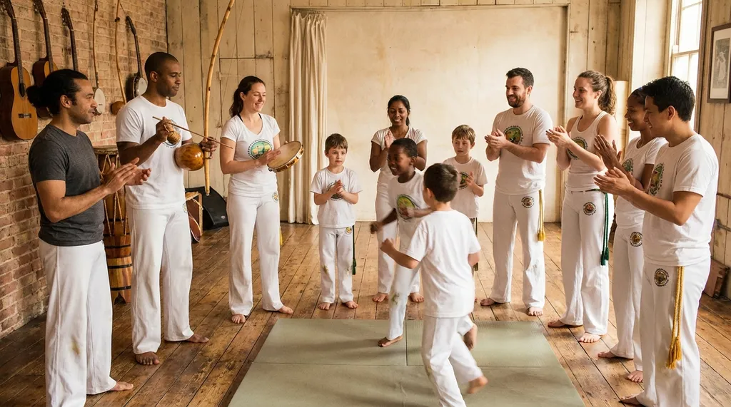 Group of capoeira practitioners playing instruments and clapping during a roda session in a London studio