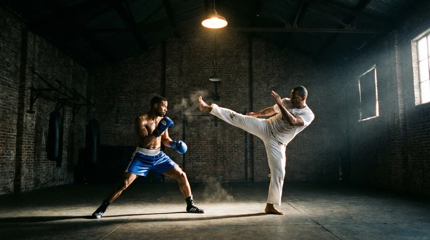 Boxer in stance beside a capoeira practitioner performing a flowing kick, contrasting two combat styles