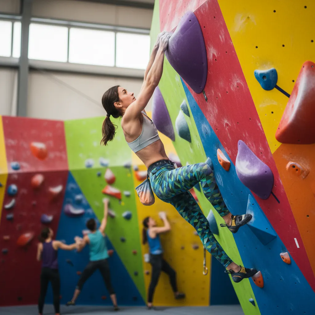 Boulderer on a colourful indoor climbing wall reaching for a hold with chalky hands in a dynamic position