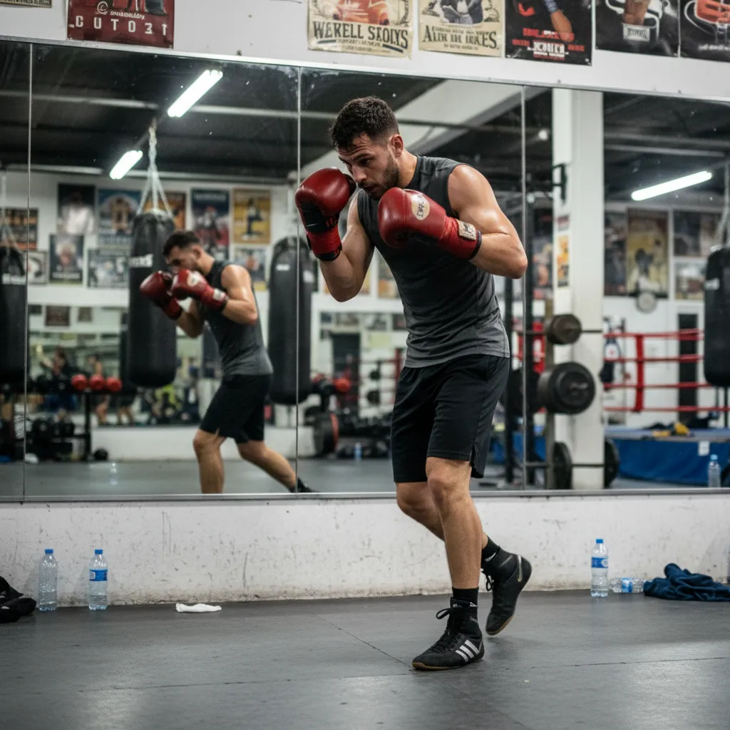 Boxer shadowboxing in front of a gym mirror showing fluid footwork and head movement