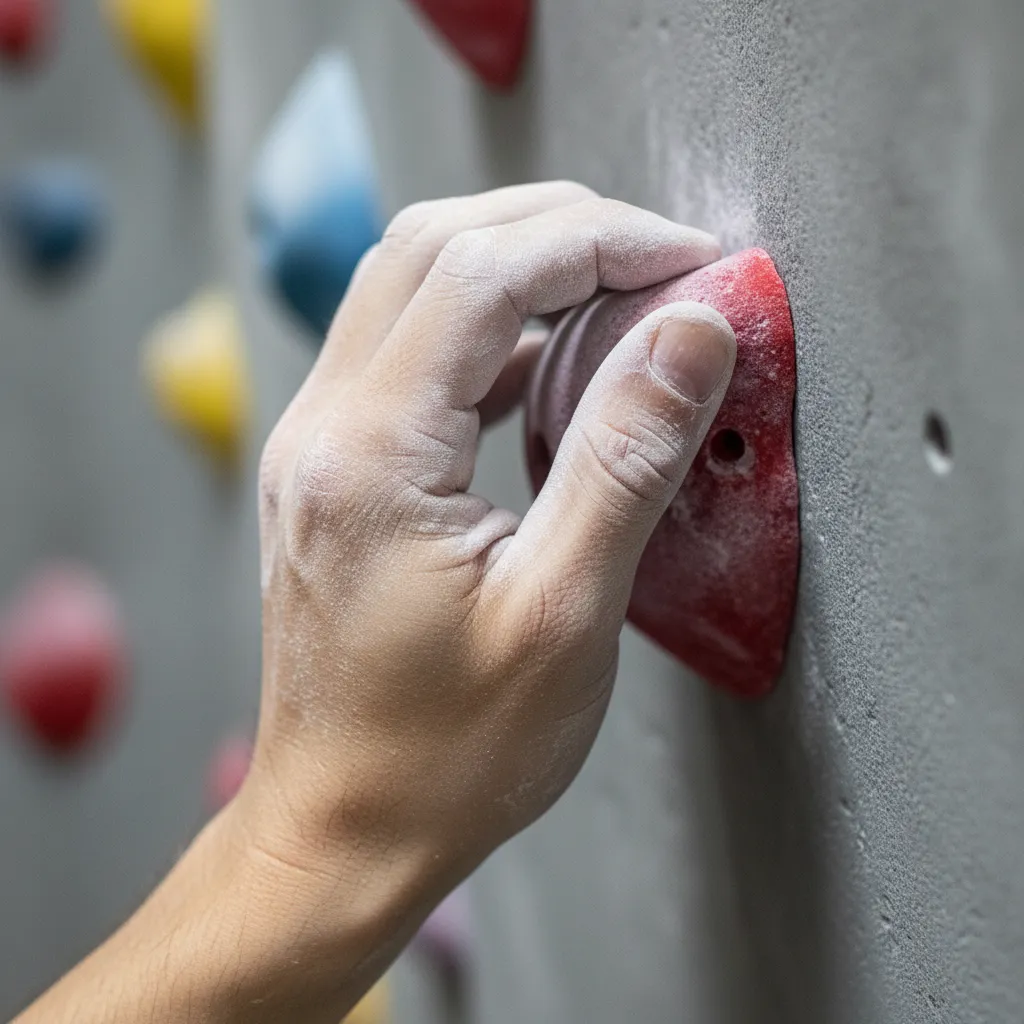 Close-up of hands covered in climbing chalk gripping a small hold on a bouldering wall showing finger strength