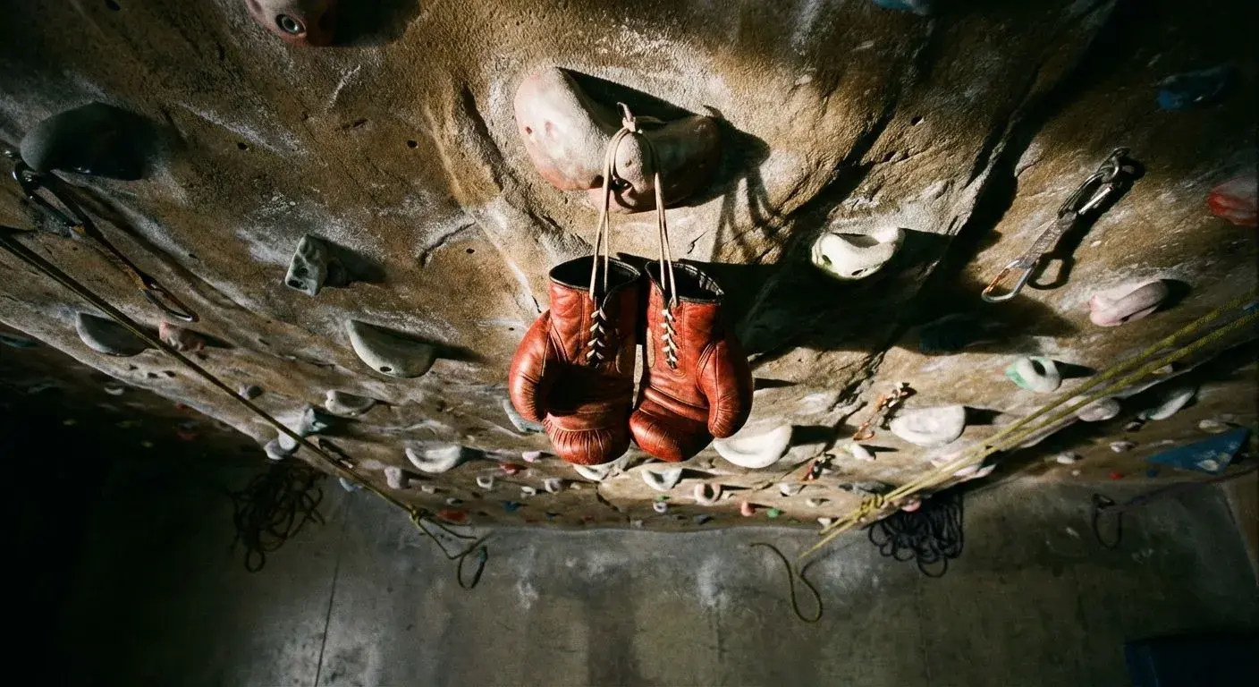 Boxer in fighting stance next to a climber reaching for a hold on a bouldering wall