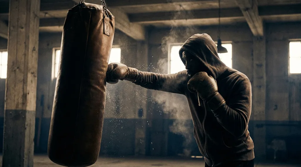 Boxer throwing a powerful cross punch at a heavy bag in a dark gym, sweat visible under dramatic lighting