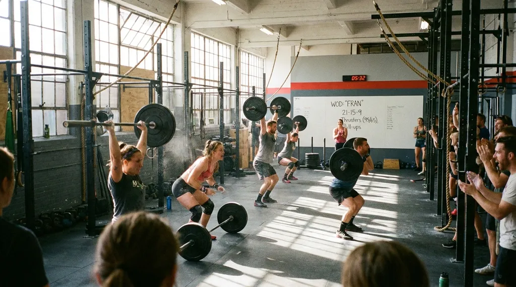 CrossFit athletes performing barbell thrusters in a bright gym with whiteboard showing workout of the day