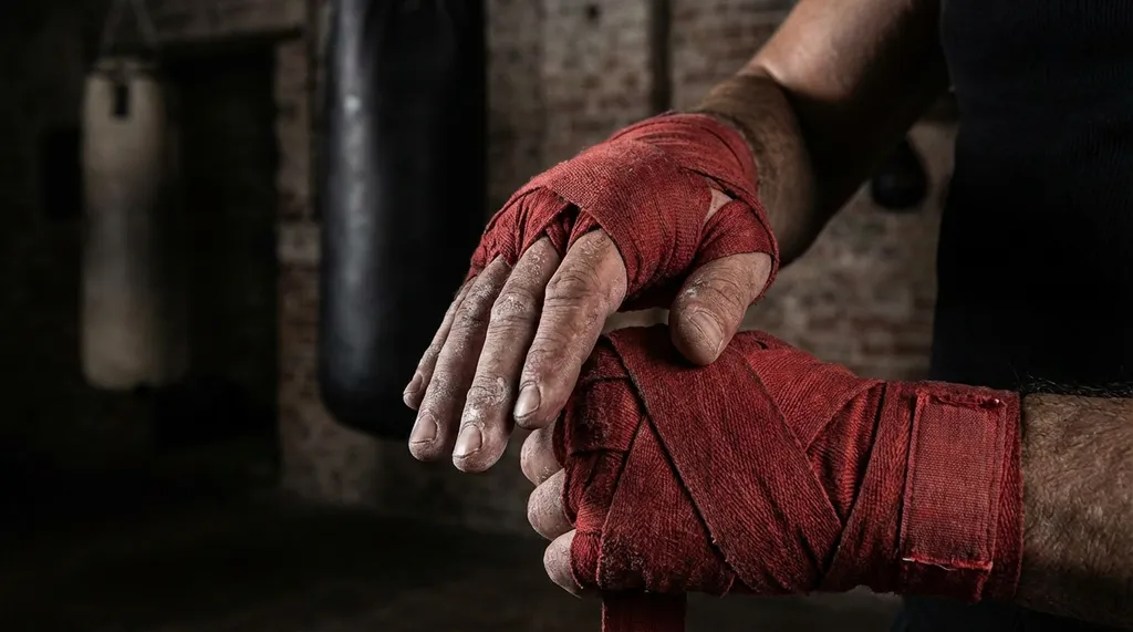 Close-up of a boxer wrapping hands with red hand wraps before training, focus on the ritual and preparation