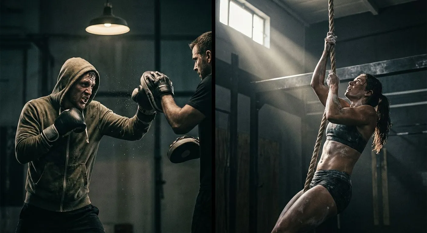 Boxer training on a heavy bag next to a CrossFit athlete performing barbell thrusters