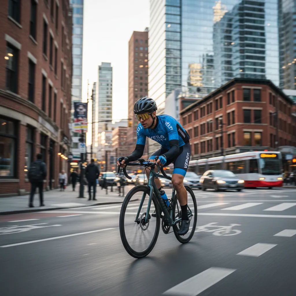Road cyclist riding through city streets at speed wearing helmet and lycra