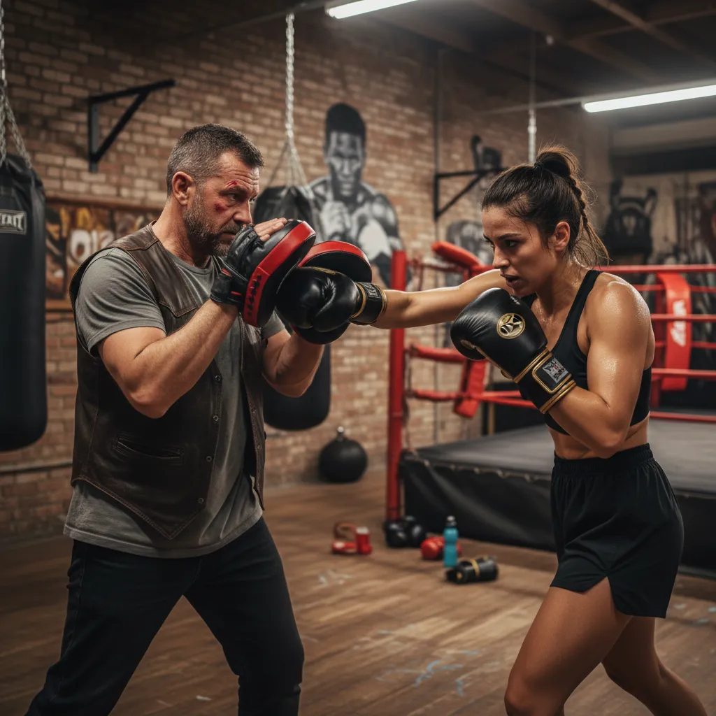 Boxing coach holding focus pads for a student throwing combinations with intense concentration