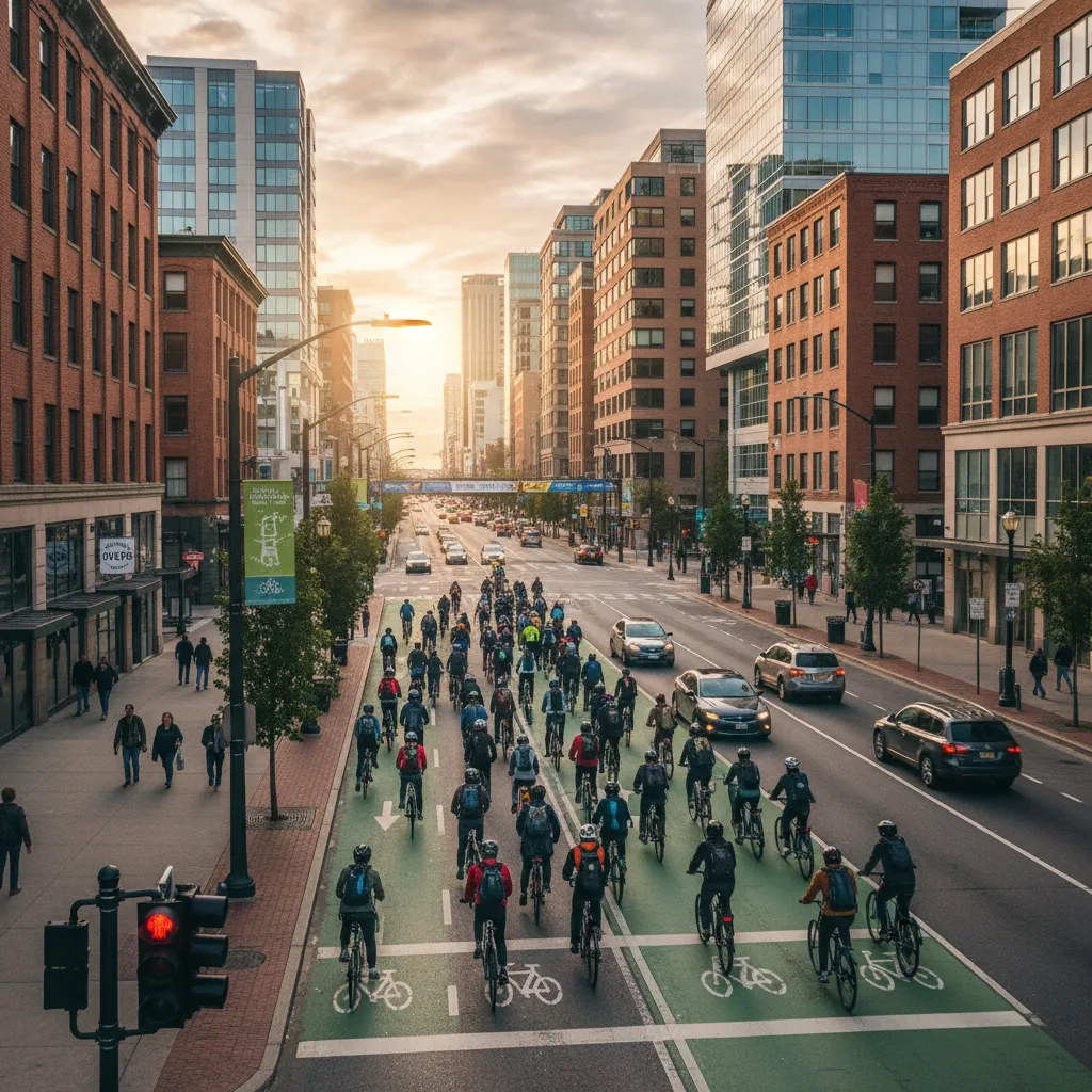 Commuter cyclists waiting at a London traffic light with bike lanes visible during morning rush