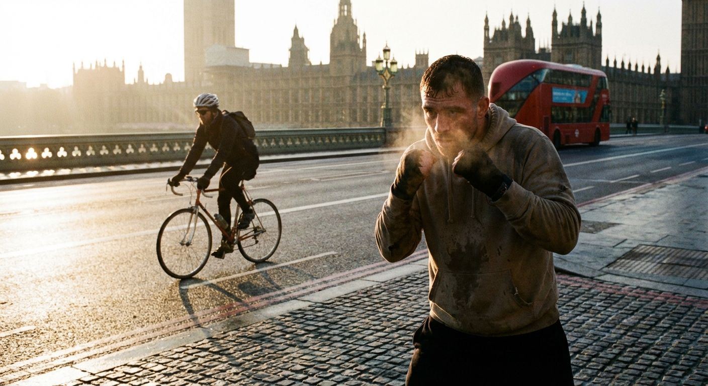 Boxer training on pads next to a cyclist riding through city streets