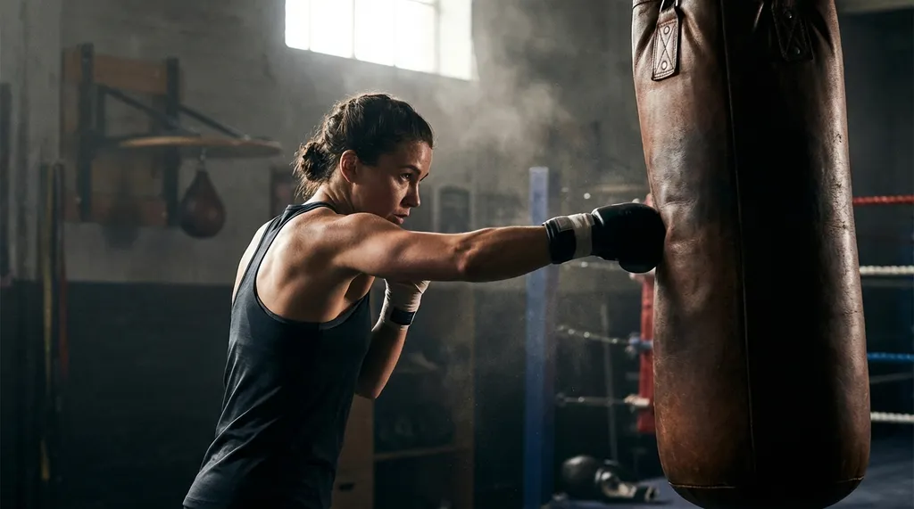 Female boxer throwing a cross punch at a heavy bag with defined shoulders and arms visible, powerful stance in a dark gym
