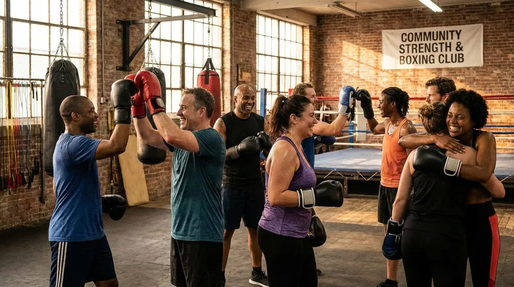 Group of people celebrating after a boxing class with high fives and smiles, sweaty but happy in a community gym