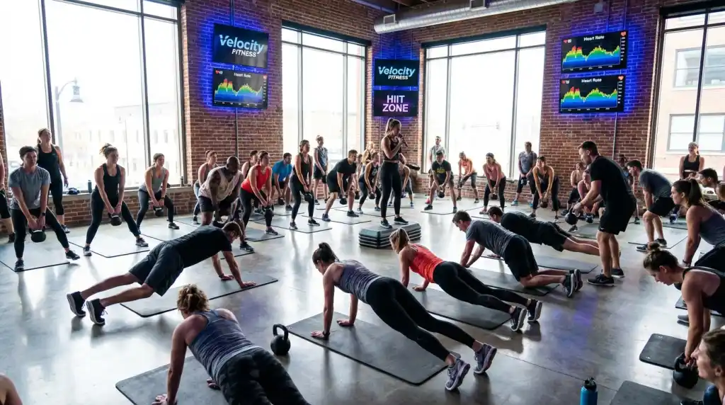 High-energy group fitness class in a bright modern studio with screens on walls