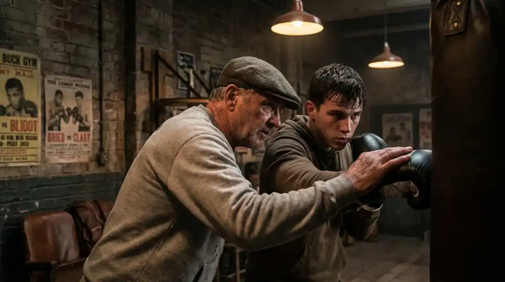 Boxer learning technique with personal attention from a coach at a traditional boxing gym
