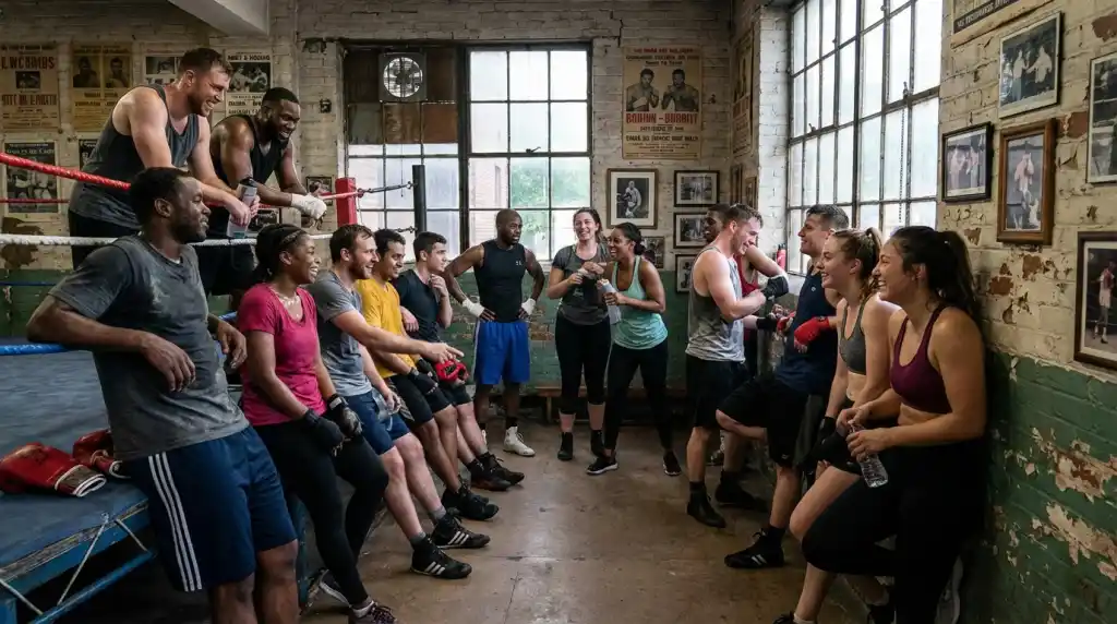 Boxing gym community scene after training, diverse ages chatting and laughing