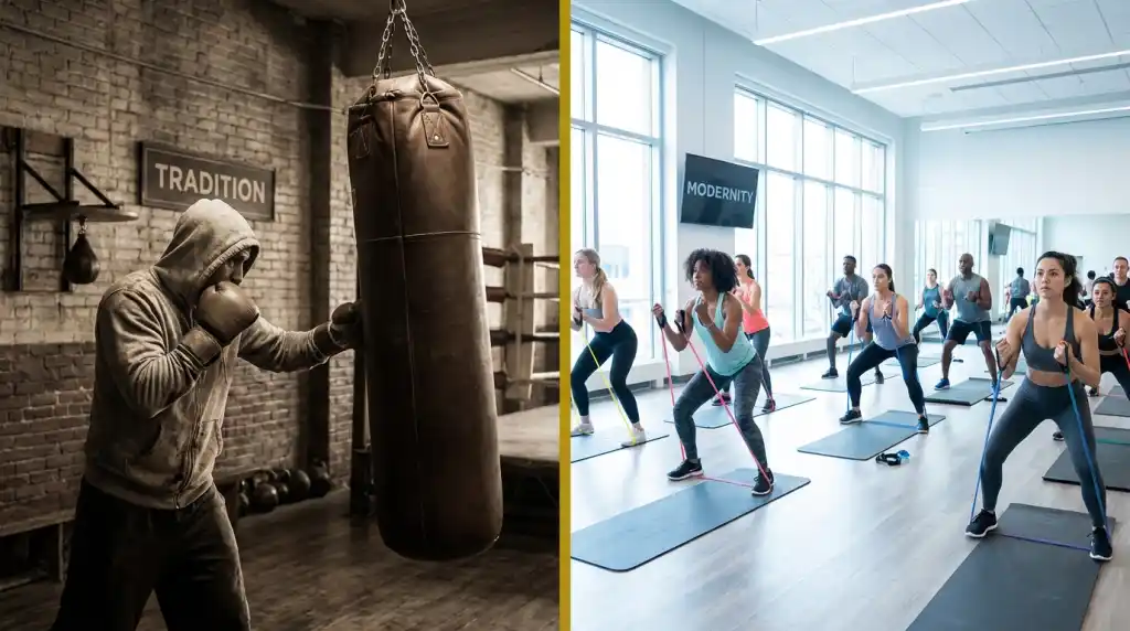 Boxing training contrasted with a modern group fitness class, two different approaches to fitness