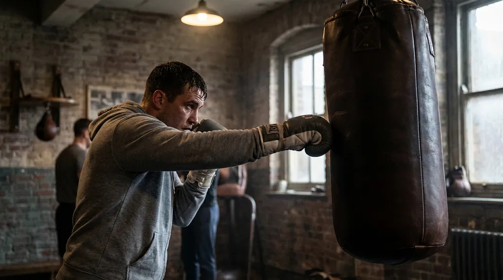 Boxer throwing a jab at a heavy bag in a dimly lit boxing gym