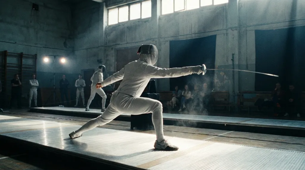 Fencer in white protective gear performing a lunge on a fencing piste